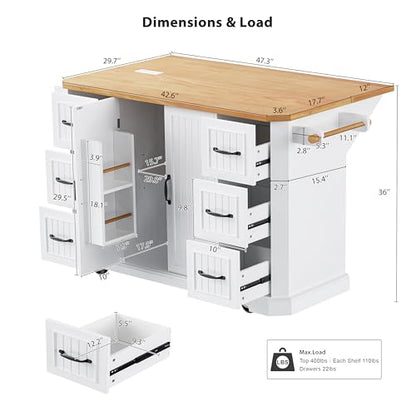 Rustic Rolling Kitchen Island with Drop Leaf, Built-in Charging Station & 6 Deep Drawers, 47" Farmhouse Mobile Cart for Dormitories, Offices, Bedrooms (White/R1) - color: White/R1