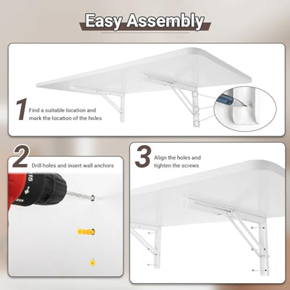 Neoaider Wall Mounted Folding Table 47.2”L x 19.7”W, White | Laundry Folding Table with Heavy Duty Metal Collapsible Shelf Brackets, Wall Mounted Desk Fold Down for Small Spaces - color: White, size: 47.2" x 19.7"
