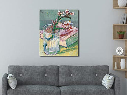 Wieco Art Canvas Wall Art Blossoming Almond Branch in a Glass with a Book by Vincent Van Gogh Large Canvas Prints for Living Room Decoration Post-impressionism Pictures Artwork - size: 24"L x 20"W
