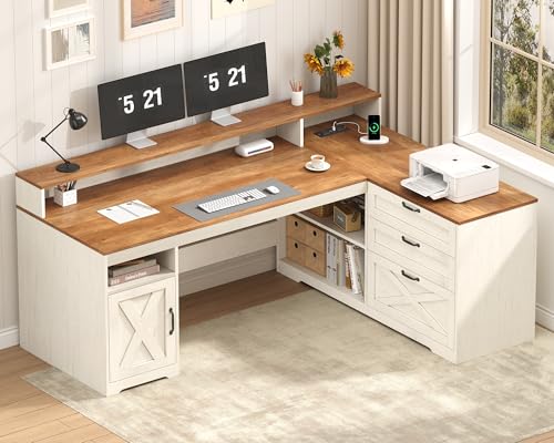61" Farmhouse L Shaped Desk with Drawers ＆ Storage Shelves for Home Office | Home Office Desk with Storage Cabinet and Power Outlet, Brown White Desk with Storage Shelves and Monitor Stand - color: Brown and White