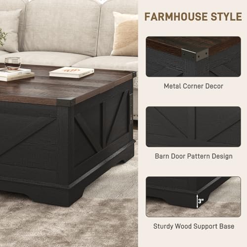 Hlivelood 40” Large Farmhouse Lift Top Coffee Table with Power Outlets and Large Hidden Storage, Square Wood Living Room Tables, Multi-Function Lift Wooden Barn Door Center Table, Black - color: Black
