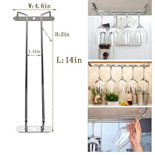 14-Inch Wine Glass Rack, Under Cabinet Wine Glass Holder Stainless Steel Chrome Finish Stemware Rack - Hanging Stemware Holder for Cabinet Kitchen Bar, Set of 2 - color: Silver Chrome, size: 14 Inch 2 Pack