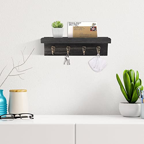 HRONRAD Rustic Key Holder for Wall, Farmhouse Wall Shelf with 4 Hooks, Wall Mounted Key Racks, Wooden Mail Organizer with Hooks for Entryway (Black - Pine) - color: Black - Pine