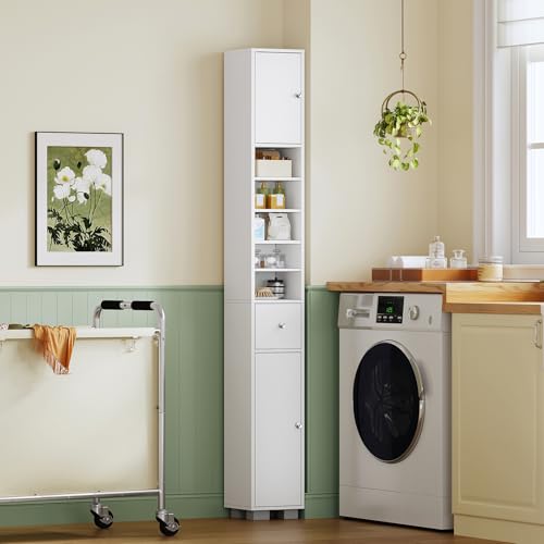 Bathroom Cabinet, Narrow Bathroom Storage Cabinet with 5 Adjustable Shelves & Drawer, Freestanding Cupboard for Small Spaces, White - color: White-5 Shelves