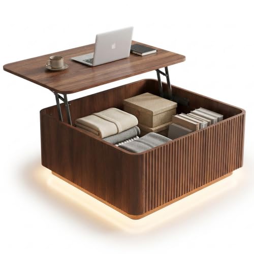 31.5"Walnut Lift Top Coffee Table with Storage for Living Room, LED Lights | Fluted Square Coffee Table,Charging Station, Large Hidden Storage,Mid Century Modern Design, Heavy-Duty Hydraulic Gas Spring