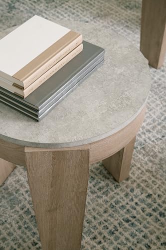 Signature Design by Ashley Coffee Table Set of 3, Round, with End Tables | 3-piece coffee and end table sets with faux cement tops and wood grain finish frames, Casual style, Guystone Series