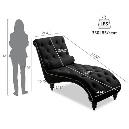 Button-Tufted Chaise Lounge Indoor, Velvet Chaise Lounge Chair with Legs & Toss Pillow, Armless Rolled Backrest Leisure Sofa Recliner for Living Room Bedroom (Black) - color: Black Velvet