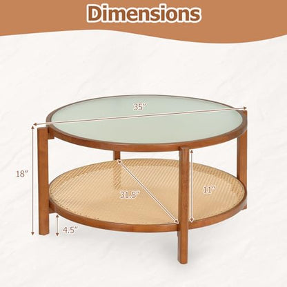 Giantex Rattan Coffee Table, 35" Farmhouse Glass Center Table with Storage, Frosted Tempered Glass Top & Solid Wood Leg, Small Accent Tea Table, Round Coffee Table for Living Room, Small Space, Walnut - color: Walnut