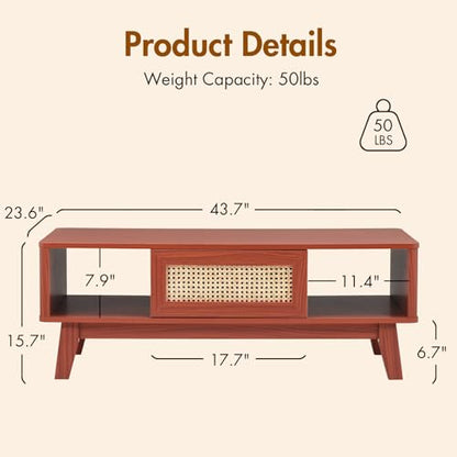 Coffee Table, Mid Century Living Room Tables with Storage, Modern Square with Rattan Drawer, Wooden Living Room Table with Solid Wood Leg - color: Cherry