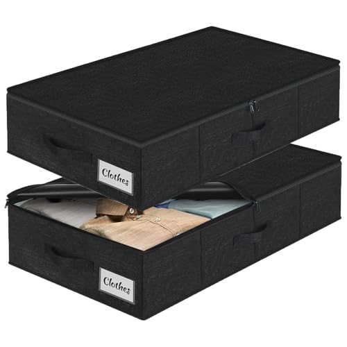 Under Bed Storage Container Bins 2 Pack, Low Profile Foldable Underbed Clothes Storage Organizer W/ Ultra Thick Fabric and Sturdy Bottom/Sides, Dual Zipper Storage Box for Dorm and Home 30x16x6.7" - color: Black-2 Pack, size: 6.7in-space