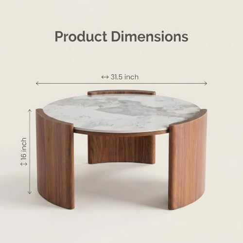 KEIKI 31.5" Round Sintered Stone Coffee Table, Pandora Marble Look Center Table with Thick Slab Legs, Modern Circular Cocktail Table for Living Room, Apartment, Walnut Pandora Marble - color: Walnut Pandora Marble