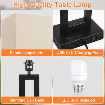 Seealle 26.3in Big Bedroom Table Lamps Set of 2 -Touch Control, 3 Way Dimmable, USB C+A Charging, LED Bulbs, Easy Assembly - color: A. Beige&Black, size: Extra Large(26in)