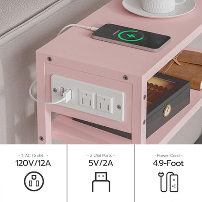 Leomonio Pink Side Table with Charging Station, Slim End Tables with Linen Basket, Skinny Table for Small Spaces, Thin Bedside Table for Living Room, Bedroom - color: Jelly Pink + Cream White - Outlet