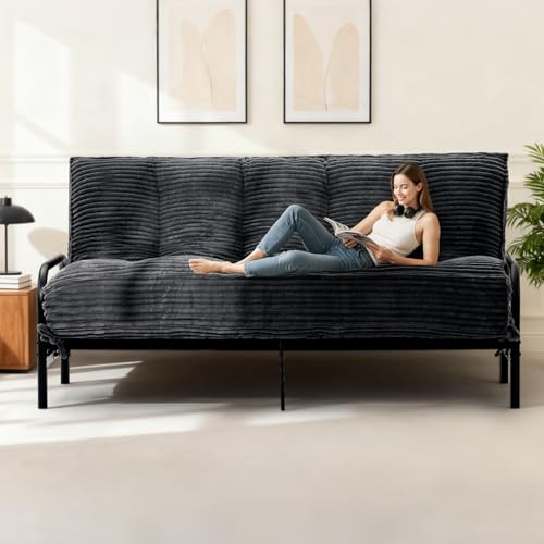 10" Futon Mattress Full Size,Futons Sofa Couch Bed with Straps, Thick Corduroy Floor Mattress for Adults, Roll Up Folding Mattress Shredded Foam Filling, Medium Firm(Frame Not Included) - color: Black, size: Full (10 inches)