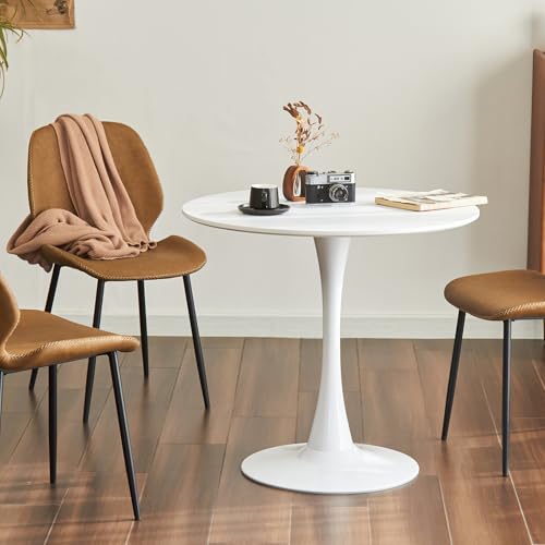 Tulip Table, 31.5" Round Dining Table with Thickened Tabletop & Metal Pedestal, Circle Bistro Table for Kitchen, Small Places, Living Room, Cafe (White) - color: White
