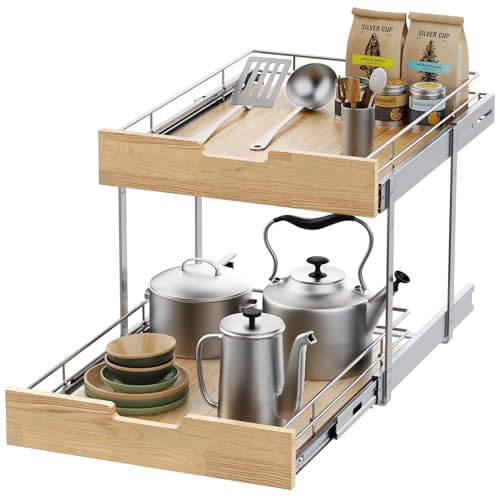 Sikarou Pull Out Cabinet Organizer,Heavy-Duty Slide Out Shelf, Wood and Wire Basket, Pull Out Drawer for for Kitchen Under Sink Space, Pantry, Bathroom, 2 Tie 11 * 21 in - size: 2-TIE 11*21 WM