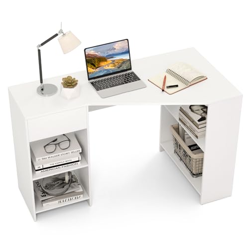 Tangkula White Desk with Storage Drawer & 4 Shelves, Space Saving Corner Desk for Small Spaces, Modern Home Office Laptop Workstation, Writing Study Table, Vanity Table for Bedroom (White)