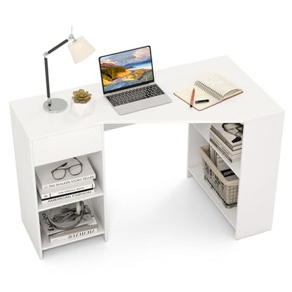 Tangkula White Desk with Storage Drawer & 4 Shelves, Space Saving Corner Desk for Small Spaces, Modern Home Office Laptop Workstation, Writing Study Table, Vanity Table for Bedroom (White)