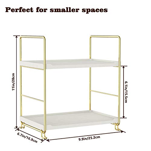 2-Tier Kitchen Spice Rack - Freestanding Stackable Bathroom Countertop Storage Shelf - Cosmetic Organizer Holder- Square Standing Rack (Golden) - color: Golden