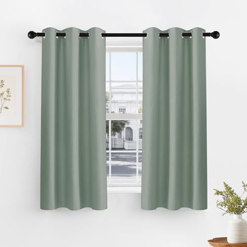 PONY DANCE Sage Green Short Blackout Curtains for Kitchen 45 Inch Length | Thermal Insulated Grommet Curtains for Bedroom, Black Out Drapes for Bathroom Small Window (2 Panels Set, 34 inches Wide) - color: Sage Green, size: 34"W x 45"L (Pack of 2)