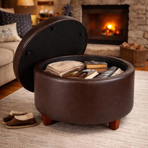 HomePop 24" Round Leatherette Storage Ottoman - Chocolate Brown - color: Brown Faux Leather