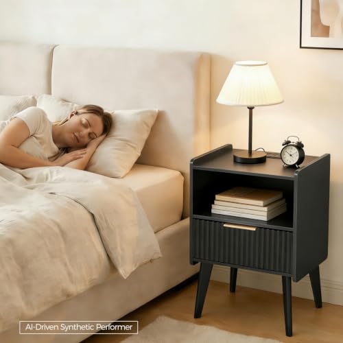 MAHANCRIS Black Nightstand with Charging Station, Modern Bedside Table with Drawer and Storage Shelf, End Side Table with Solid Wood Legs, Night Stand, Living Room, Bedroom, Small Space, ETBK61E01 - color: Black
