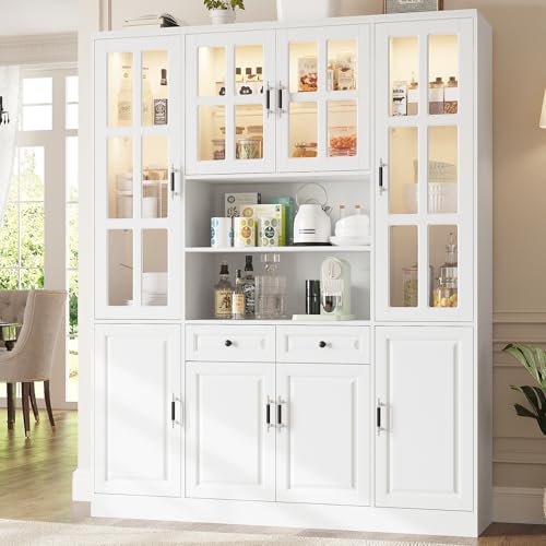 Kitchen Pantry Storage Cabinet with LED Lights, 78.7" Tall with Glass Doors & Drawers, Freestanding Utility Cabinet, White (63" W x 15.7" D) - color: White, size: 8 Doors