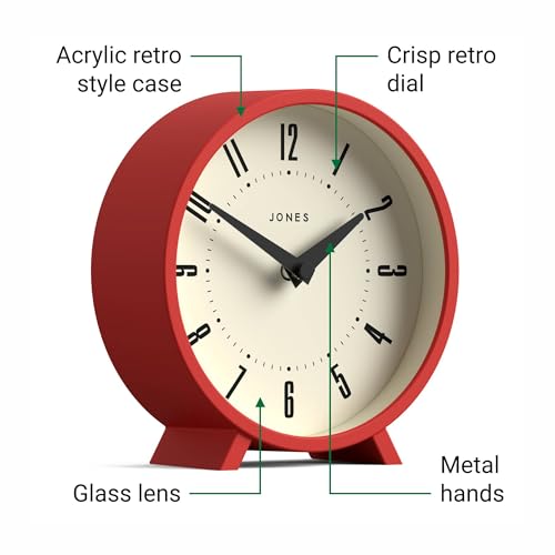 JONES CLOCKS® Venus Desk Clock | Modern Round Design | Red | Stylish Retro Look for Shelf, Table, Mantel or Bedside - color: Engine Red