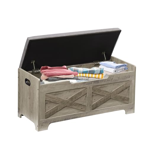 IDEALHOUSE 39.4" Storage Bench with 2 Safety Hinges, Grey | Retro Wooden Storage Chest, Loads 300 lb, Easy Assembly, Storage Ottoman Bench for Bedroom Entryway Living Room - color: Grey, size: 39.4 in