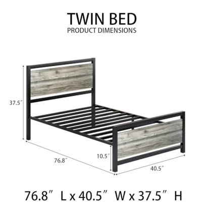 Twin Size Bed Frames, Twin Bed Frames with Headboard and Footboard, Heavy Duty Metal Twin Platform Bed Frame, Noise-Free, No Box Spring Needed, Easy Assembly, Wash Grey - color: Wash Grey, size: Twin