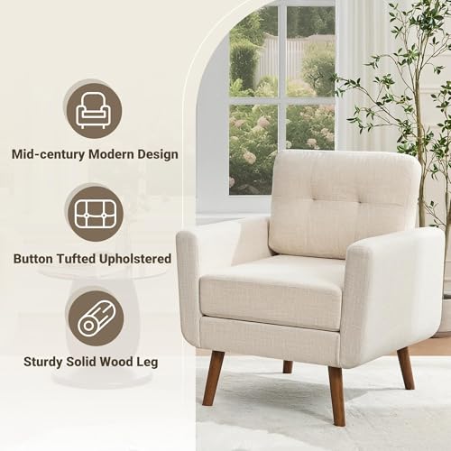 Tbfit Linen Fabric Single Sofa, Accent Chair, Mid Century Modern Armchair for Living Room, Bedroom Button Tufted Upholstered Comfy Reading Sofas, Beige - color: Beige, size: Single