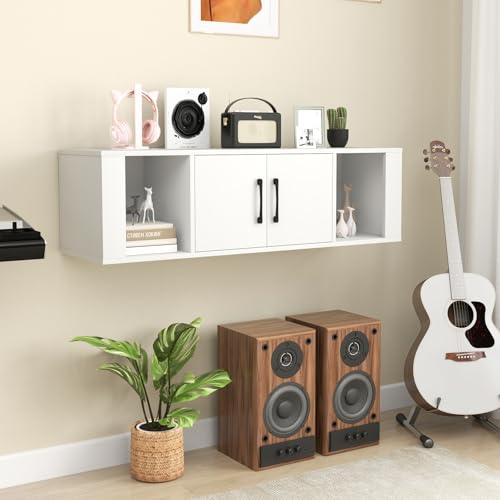 GOFLAME Floating TV Stand, Wall Mounted TV Console Table with Doors, Entertainment Media Center Under TV, Modern TV Cabinet for Living Room, Bedroom, Office, White - color: White