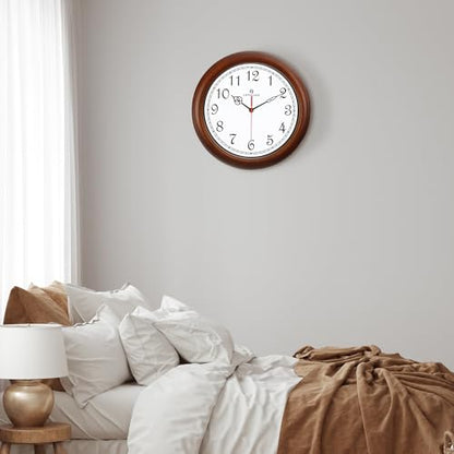 Lafocuse 12 Inch Silent Solid Wood Wall Clocks Battery Operated, Analog Brown Wall Clock for Living Room Decor, Retro Kitchen Clock for Bedroom Home Office