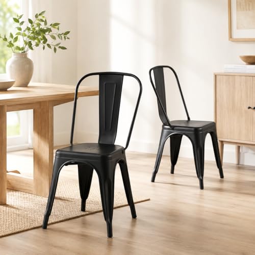 Matte Midnight Black,Metal Dining Chairs Set of 2 | Iron Tolix Chair Stackable Outdoor/Vintage/Kitchen Dining Room/Bistro/Patio/Restaurant Indoor Outdoor - color: Midnight Black