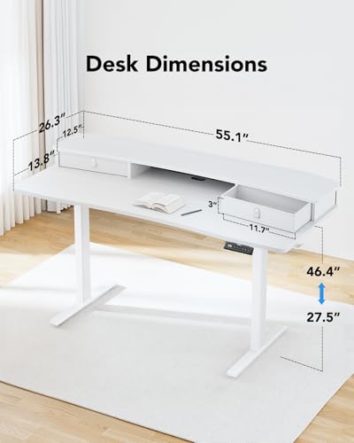 HUANUO 55″ x 26″ Electric Standing Desk with 2 Drawers, C-Clamp Mount Compatible, Height Adjustable Computer Desk, Home Office Stand Up Desk with 4 Preset Heights & 2 Hooks, White - color: White, size: 55" X 26"