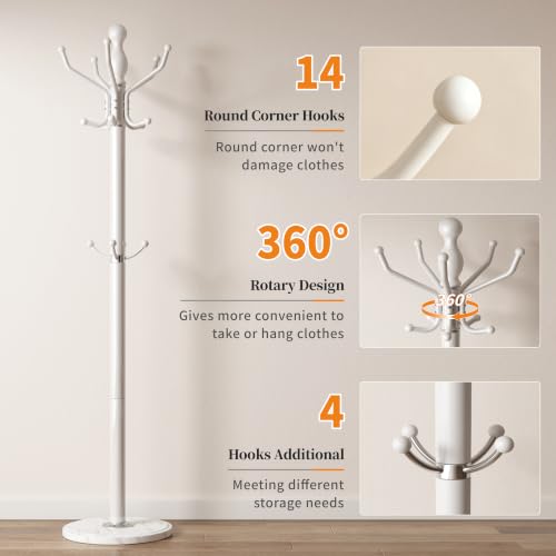 Metal Coat Rack Stand Coat Rack Freestanding with 360° Rotary,White | Modern Coat Rack with 360° Rotary Design Sturdy Heavy Duty Hall Tree Hats Hanger Holder Stand 14 Hooks for Hallway Office - color: White with Rotatable Hooks