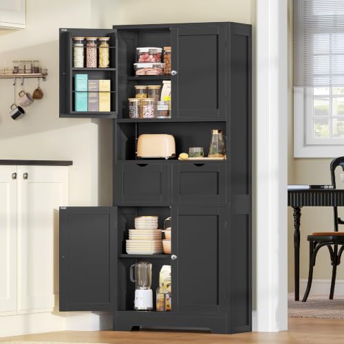 Kitchen Pantry Cabinet with Adjustable Shelf, Tall Storage Cabinet with 2 Drawers & 4 Door Shelves, Food Pantry Cabinets, for Kitchen, Dining Room, Living Room, Black - color: Black