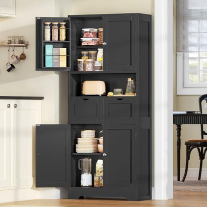 Kitchen Pantry Cabinet with Adjustable Shelf, Tall Storage Cabinet with 2 Drawers & 4 Door Shelves, Food Pantry Cabinets, for Kitchen, Dining Room, Living Room, Black - color: Black