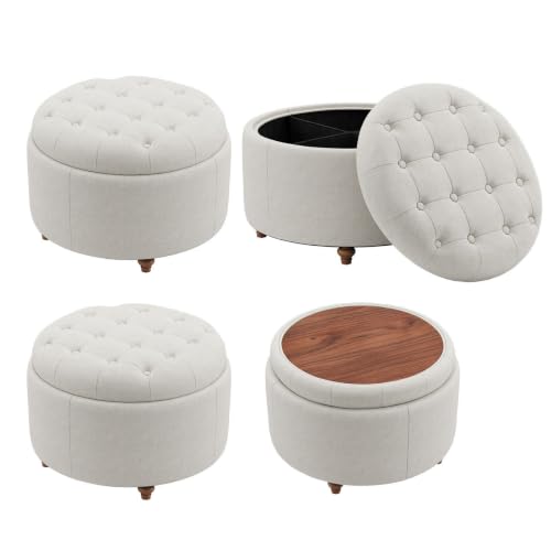 25" Round Ottoman with Storage, Small Coffee Table with Reversible Tray Lid | Tufted Fabric Round Storage Ottoman with Solid Wood Legs, 3-in-1 Footrest for Living Room, Bedroom, Entryway, Beige - color: Beige