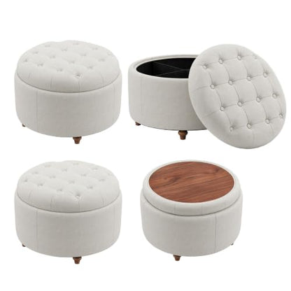 25" Round Ottoman with Storage, Small Coffee Table with Reversible Tray Lid | Tufted Fabric Round Storage Ottoman with Solid Wood Legs, 3-in-1 Footrest for Living Room, Bedroom, Entryway, Beige - color: Beige