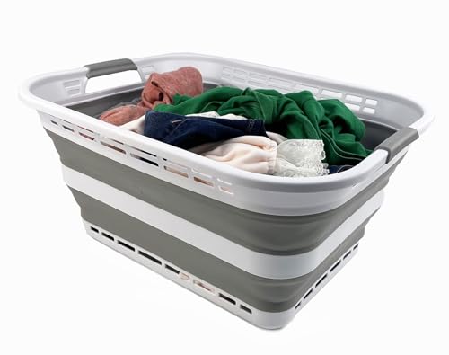 SAMMART 42L (11 Gallons) Collapsible Plastic Laundry Basket - Foldable Pop Up Storage Container/Organizer - Portable Washing Tub - Space Saving Hamper/Basket [BPA Free] (White/Grey) - color: White/Grey