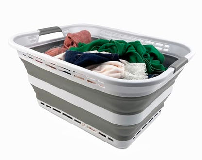 SAMMART 42L (11 Gallons) Collapsible Plastic Laundry Basket - Foldable Pop Up Storage Container/Organizer - Portable Washing Tub - Space Saving Hamper/Basket [BPA Free] (White/Grey) - color: White/Grey