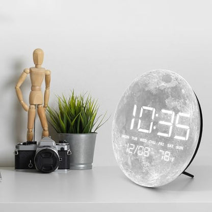 Digital Desk & Shelf Clock, LED Moon/Earth Design, Temperature Display, 7.87 x 7.87 inches (Moon, 7.87 INCH) - color: Moon, size: 7.87 INCH