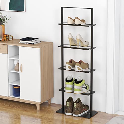 Metal Shoe Stand, 5 Tier Vertical Shoe Rack, Narrow Shoe Rack for Small Space Saving Shoe Tower Sturdy, Free Standing Shoe Racks for Entryway, Matte Black Shoe Organizer for Closet