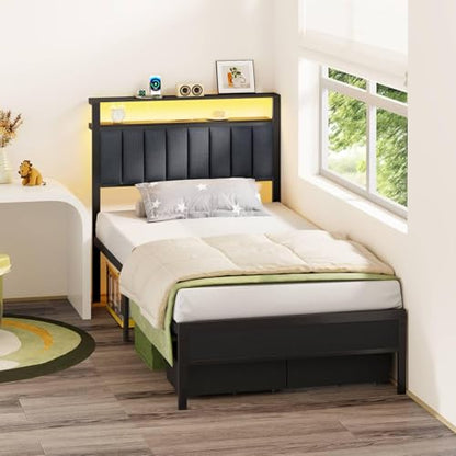 Twin Bed Frames with Storage Drawers and Upholstered Headboard | Metal Platform Bed with Charging Station, LED Lights, 2 Tier Shelves, Fabric Drawers. No Box Spring Needed, Noise Free, Grey - size: Twin