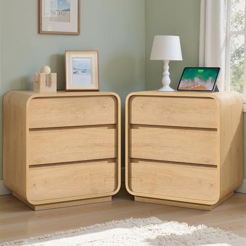 Standifurno Natural Curved Nightstand Set of 2, 23.2" Large Wood Bedside Table with 3 Drawers, Charging Station, Modern Side Table, Mid-Century End Table Night Stand for Bedroom Sofa - color: Natural, size: 3 Drawer(2PC)