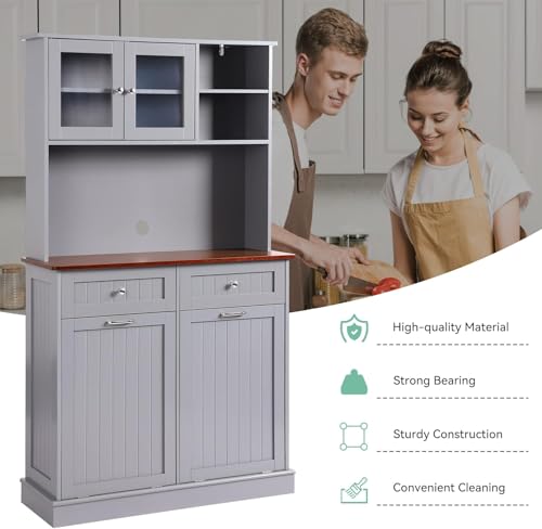 68.4" Kitchen Pantry Storage Cabinet, Freestanding Cupboard with Shelf, 2 Drawers and 2 Tilt Out Trash Cabinet, Tall Cabinets for Kitchen, Dinning Room, Living Room (Elegant Grey, Double Tilt) - color: Elegant Grey