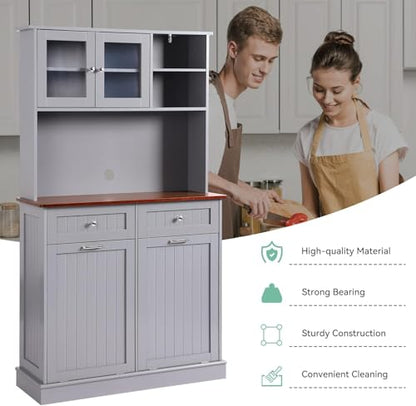 68.4" Kitchen Pantry Storage Cabinet, Freestanding Cupboard with Shelf, 2 Drawers and 2 Tilt Out Trash Cabinet, Tall Cabinets for Kitchen, Dinning Room, Living Room (Elegant Grey, Double Tilt) - color: Elegant Grey