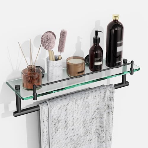 Bathroom Towel Rack with Tempered Glass Shelf 16 Inch, Matte Black Floating Wall Mount Storage - color: Matte Black, size: 16-inch with Railing