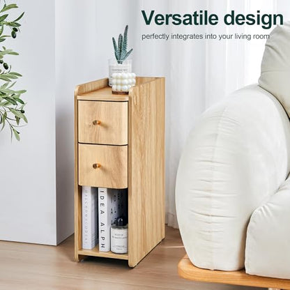 Narrow Nightstand Set of 2, Wooden Small 2 Drawer Nightstand, Slim Side End Table, Skinny Bedside Table, Mid Century Modern Night Stand with Drawers for Bedroom (Natural-2 pcs) - color: Natural-2 Pcs